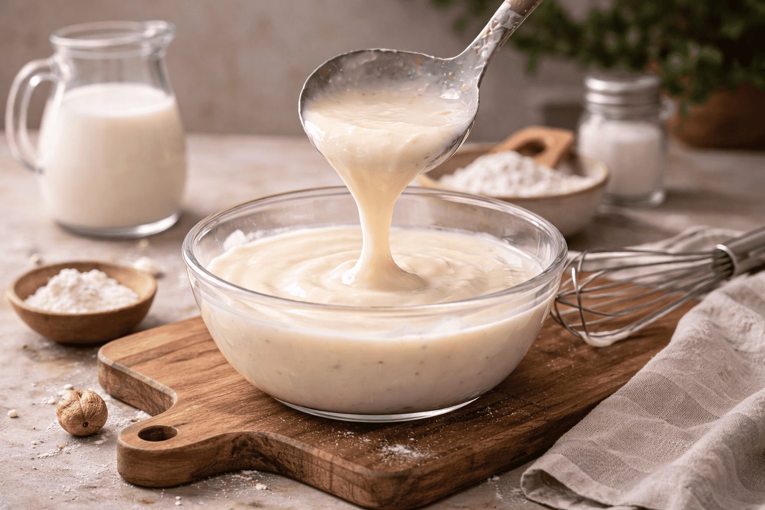 In primo piano su un tagliere di legno c'è una ciotola di vetro con della besciamella light. Sullo sfondo alcuni ingredienti della ricetta come latte, farina e noce moscata.