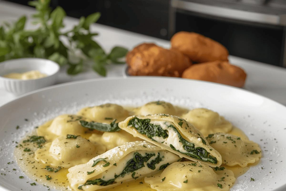 In primo piano in un piatto fondo bianco dei ravioli ricotta e spinaci cremosi conditi con burro e salvia. Sullo sfondo ci sono alcuni ingredienti principali della ricetta come il parmigiano e la salvia.