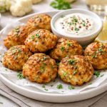 piatto bianco con alcune polpette di cavolfiore e ciotola di salsa bianca