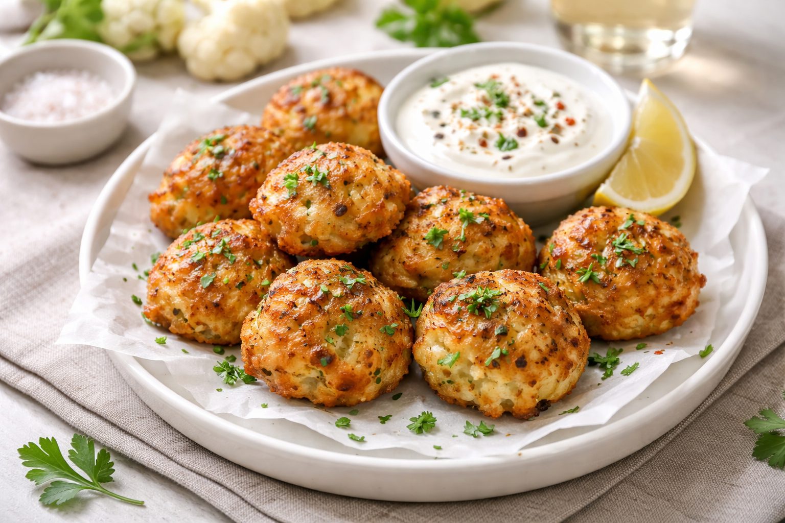 piatto bianco con alcune polpette di cavolfiore e ciotola di salsa bianca