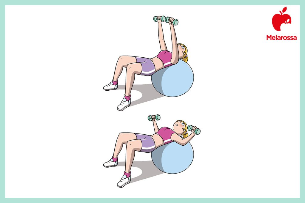 Esercizi per le braccia a casa: come tonificare bicipiti e tricipiti 5 grafica che illustra come realizzare l'esercizio del chest press su fitball con manubri