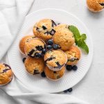 Muffin ai mirtilli con yogurt facili da preparare 1 In primo piano su uno sfondo chiaro, su un piatto fondo bianco ci sono dei muffin ai mirtilli decorati con una foglia di menta.