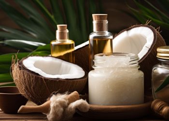 Un cocco tagliato a metà, un vasetto e due bottigliette di olio di cocco
