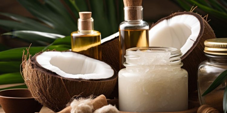 Un cocco tagliato a metà, un vasetto e due bottigliette di olio di cocco