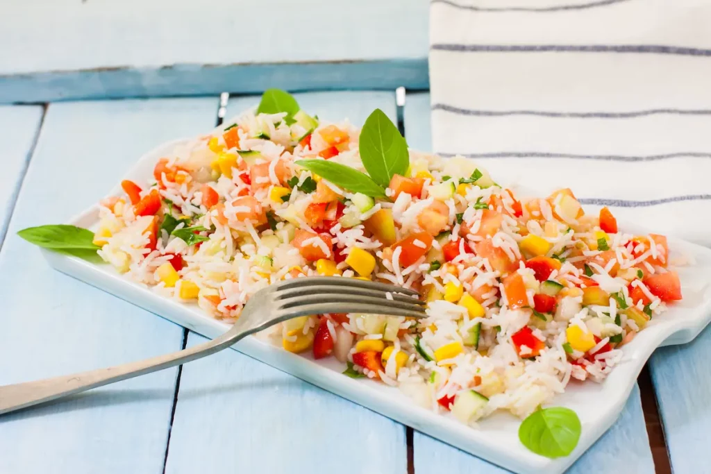 un piatto da portata rettangolare con l'insalata di riso e una forchetta