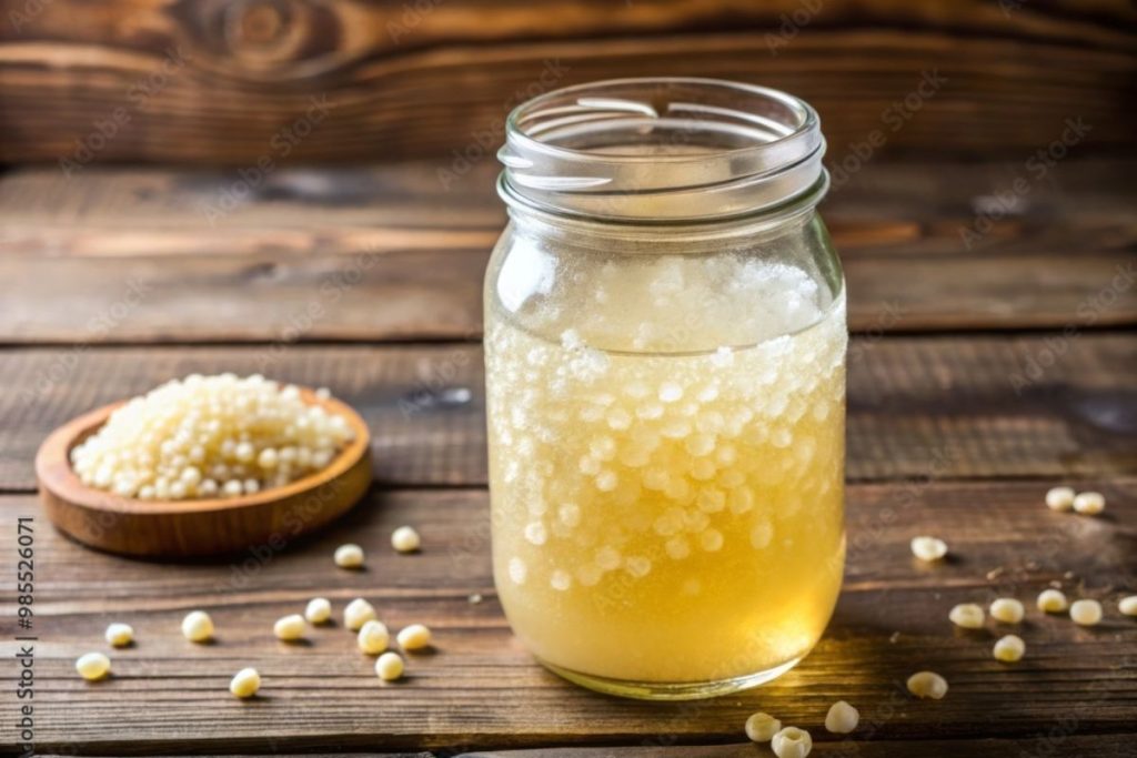 un barattolo in vetro colmo di kefir d'acqua con i granuli