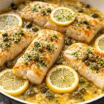 Merluzzo in umido in bianco: ricetta sana e veloce 1 piatto da portata tondo con 4 filetti in umido e fette di limone