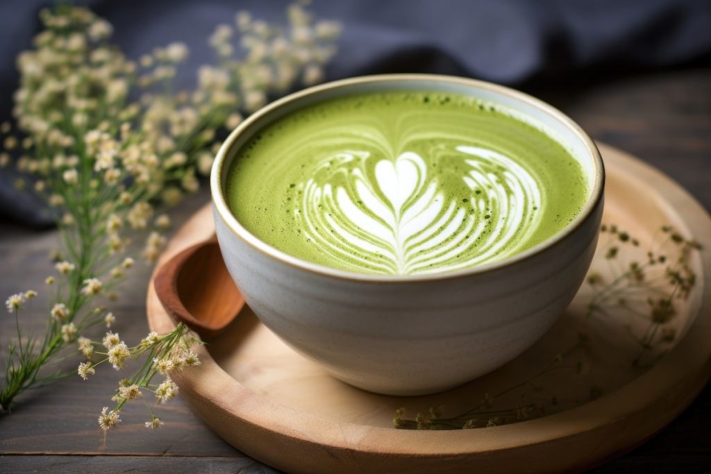 Matcha latte: la ricetta facile per preparlo in casa 3 tazza di matcha latte su vassoio di legno con cucchiaino