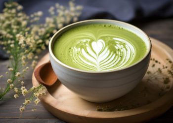 tazza di matcha latte su vassoio di legno con cucchiaino