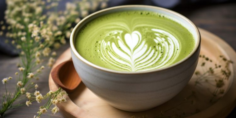 tazza di matcha latte su vassoio di legno con cucchiaino