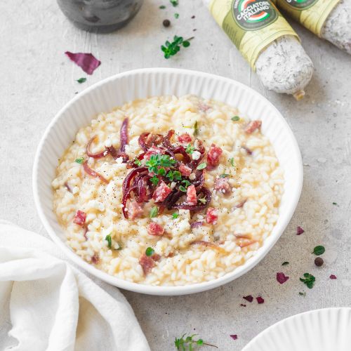 Risotto con Salamini Italiani alla Cacciatora DOP, cipolla e ricotta ...