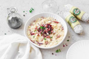 Risotto con Salamini Italiani alla Cacciatora DOP, Cipolla Rossa di Tropea IGP e ricotta