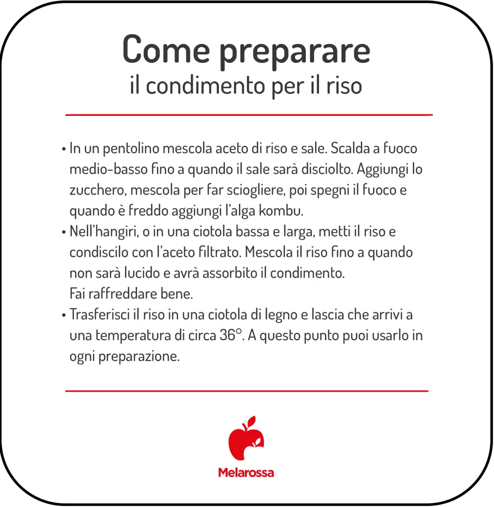 Sushi: guida completa, ingredienti e le migliori ricette per farlo a casa 1 grafica con elenco di come preparare il condimento riso per sushi