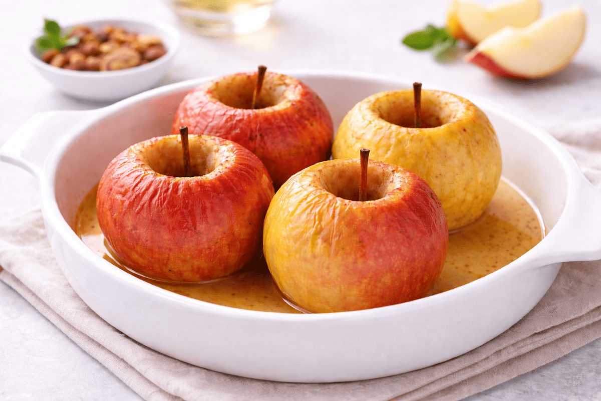In primo piano su una pirofila bianca ci sono delle mele al forno. Sullo sfondo ci sono dei spicchi di mela e una ciotolina bianca con della frutta secca.