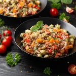 su tavolo di legno ciotola con tabuleh e attorno gli ingredienti pomodori, erbe aromatiche e pomodori