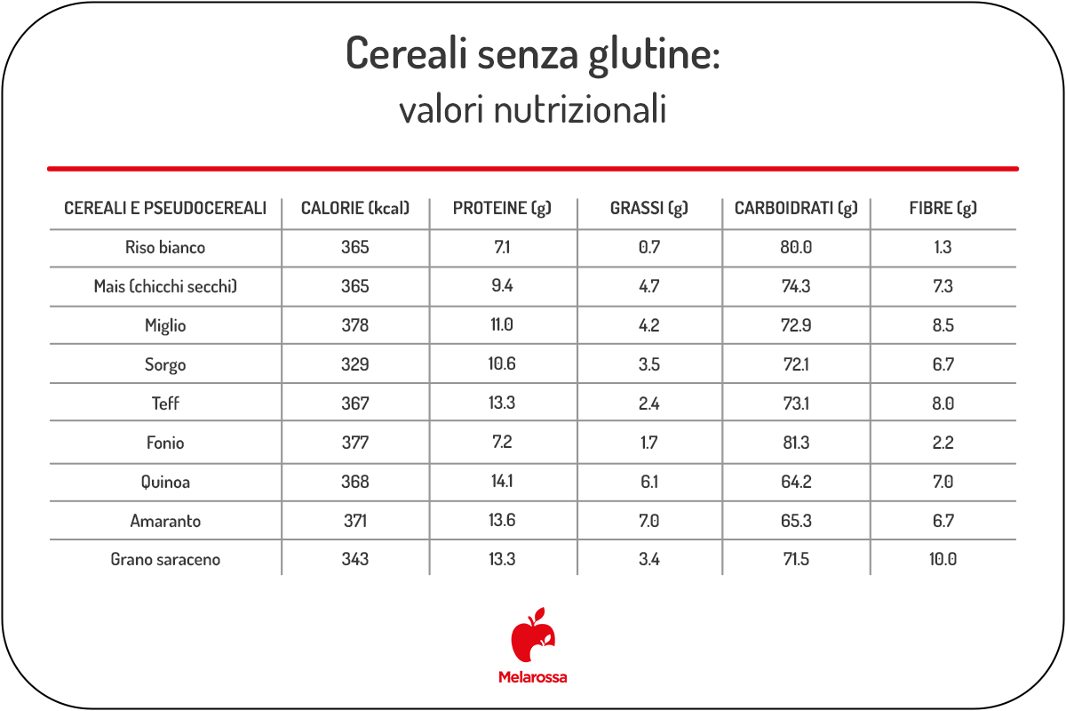 Cereali senza glutine: quali sono, elenco completo e valori nutrizionali 1 Cereali e pseudocereali senza glutine a confronto per calorie, proteine, grassi, carboidrati e fibre.