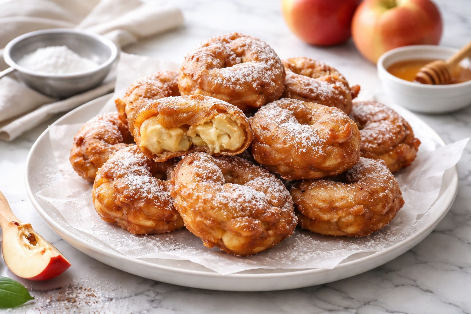piatto tondi contante frittelle di mele gonfie e dorate