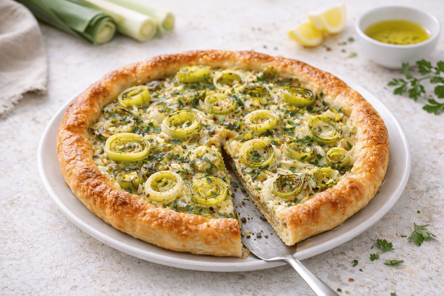 In primo piano su un tavolo chiaro c'è una torta rustica ai porri con base dorata e ripieno cremoso, una delle ricette con porri da preparare come piatto unico o torta salata.