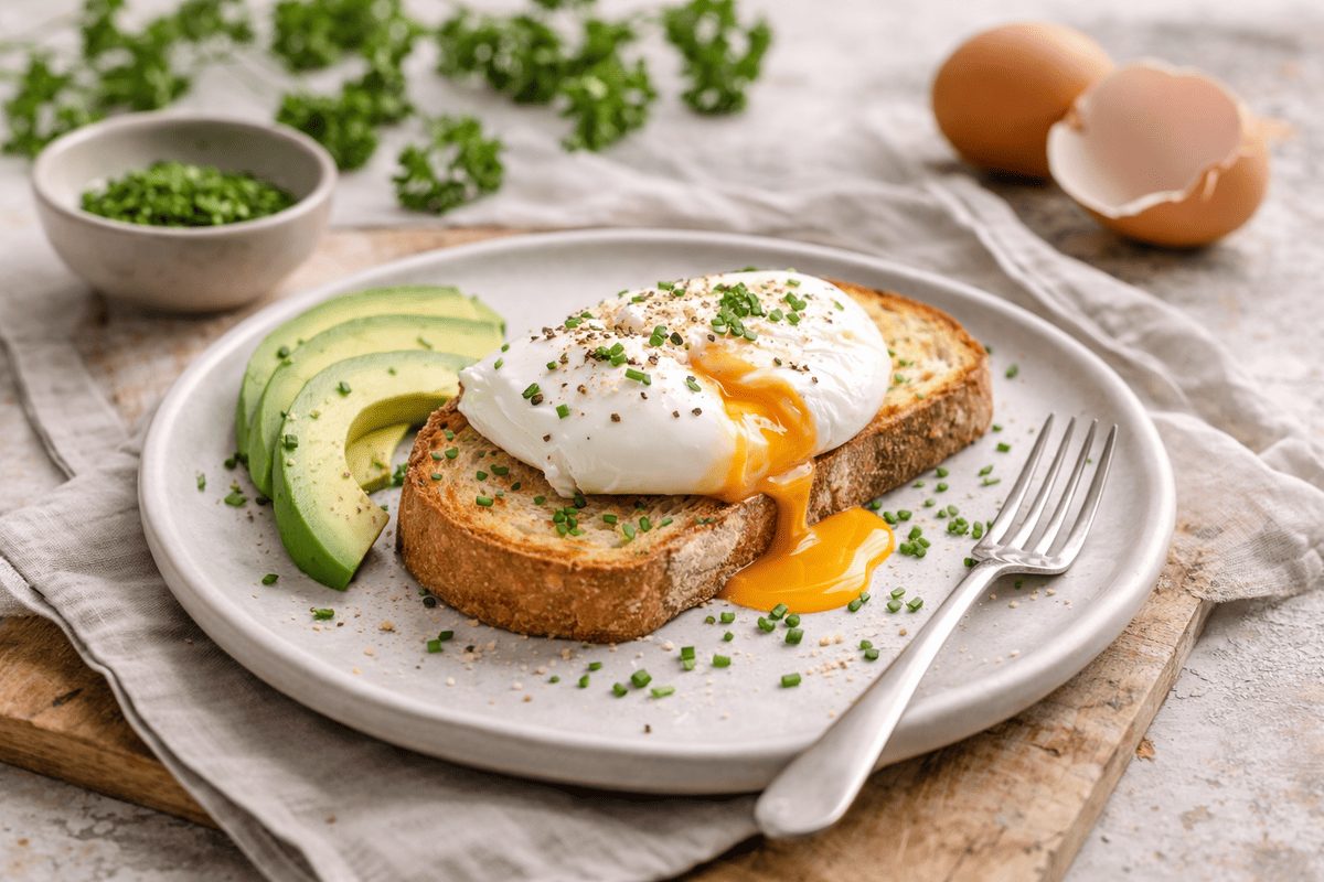 In primo piano su un tavolo di legno c'è un piatto con uova in camicia su una fetta di pane tostato, dell'erba cipollina tritata sopra e delle fettine di avocado.