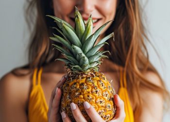 donna con costume da bagno prende in mano un ananas