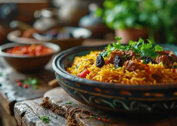 primo piano di un tavolo di legno con ciotola di riso pilaf e erbe aromatiche