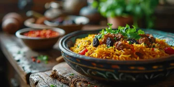 primo piano di un tavolo di legno con ciotola di riso pilaf e erbe aromatiche