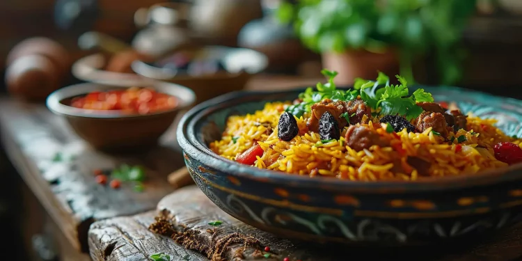 primo piano di un tavolo di legno con ciotola di riso pilaf e erbe aromatiche