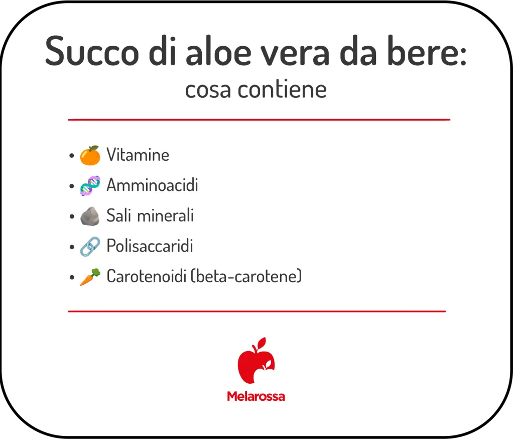 Infografica che mostra i componenti nutrizionali del succo di aloe vera da bere.