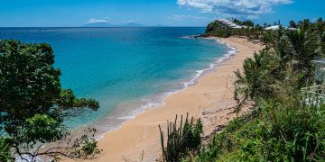 una costa caraibica con spiaggia e vegetazione tropicale