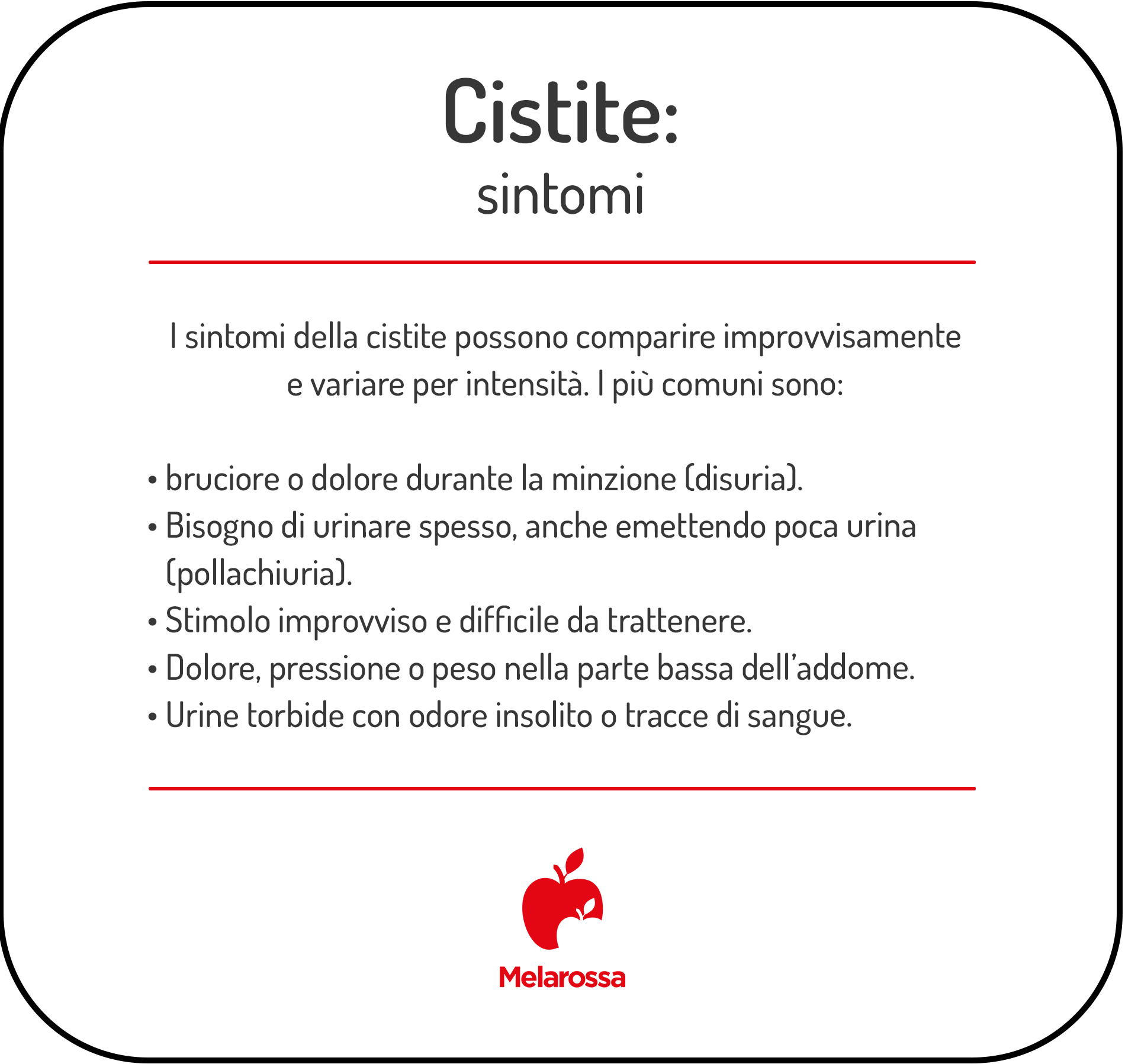 Cistite: sintomi, cause, cure e prevenzione 1 Grafica che elenca i sintomi della cistite