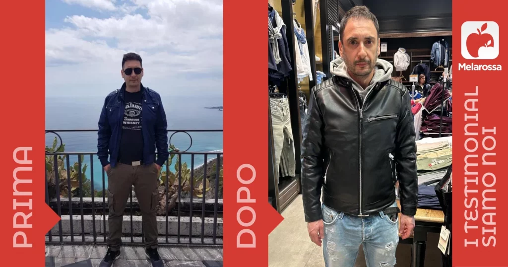 Un giovane uomo prima e dopo la dieta Melarossa