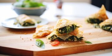 su tavolo di legno bianco un tagliere con la Spanakopita tagliata e fuori fuoco un piatto di spinaci freschi