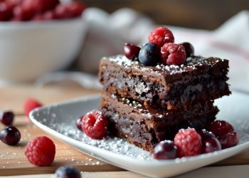 un piatto con una porzione di brownies e frutti di bosco