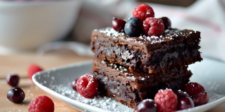 un piatto con una porzione di brownies e frutti di bosco