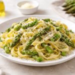 In primo piano su un piatto fondo bianco c'è la pasta con asparagi. Sullo sfondo ci sono gli ingredienti principali della ricetta come olio EVO e asparagi freschi.