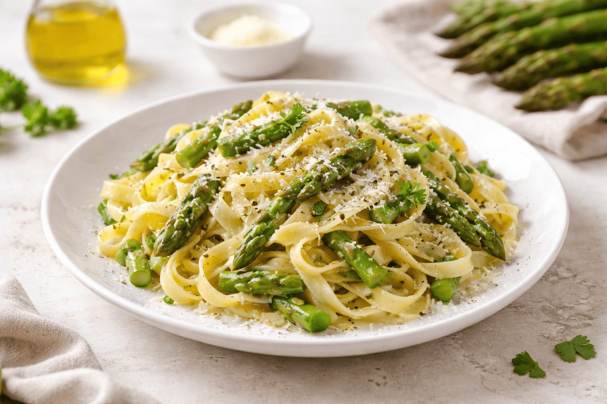 In primo piano su un piatto fondo bianco c'è la pasta con asparagi. Sullo sfondo ci sono gli ingredienti principali della ricetta come olio EVO e asparagi freschi.
