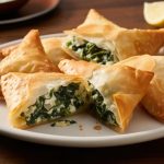 su un tavolo di legno piatto in primo piano con una torta salata con spinaci fatta con la pasta fillo