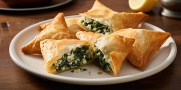 su un tavolo di legno piatto in primo piano con una torta salata con spinaci fatta con la pasta fillo