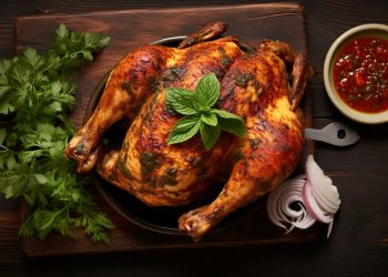 su tavolo di legno un pollo alla diavola con prezzemolo, peperoncini e cipolla