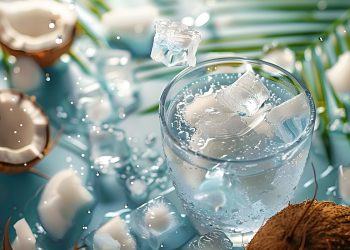 tavolo su sfondo blu con un bicchiere di acqua di cocco , un cocco tagliato in 2 con pezzi sul tavolo