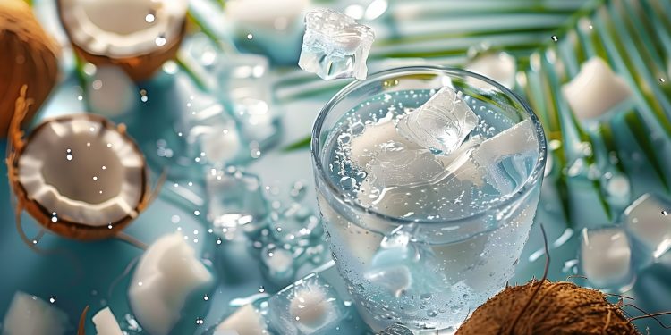 tavolo su sfondo blu con un bicchiere di acqua di cocco , un cocco tagliato in 2 con pezzi sul tavolo