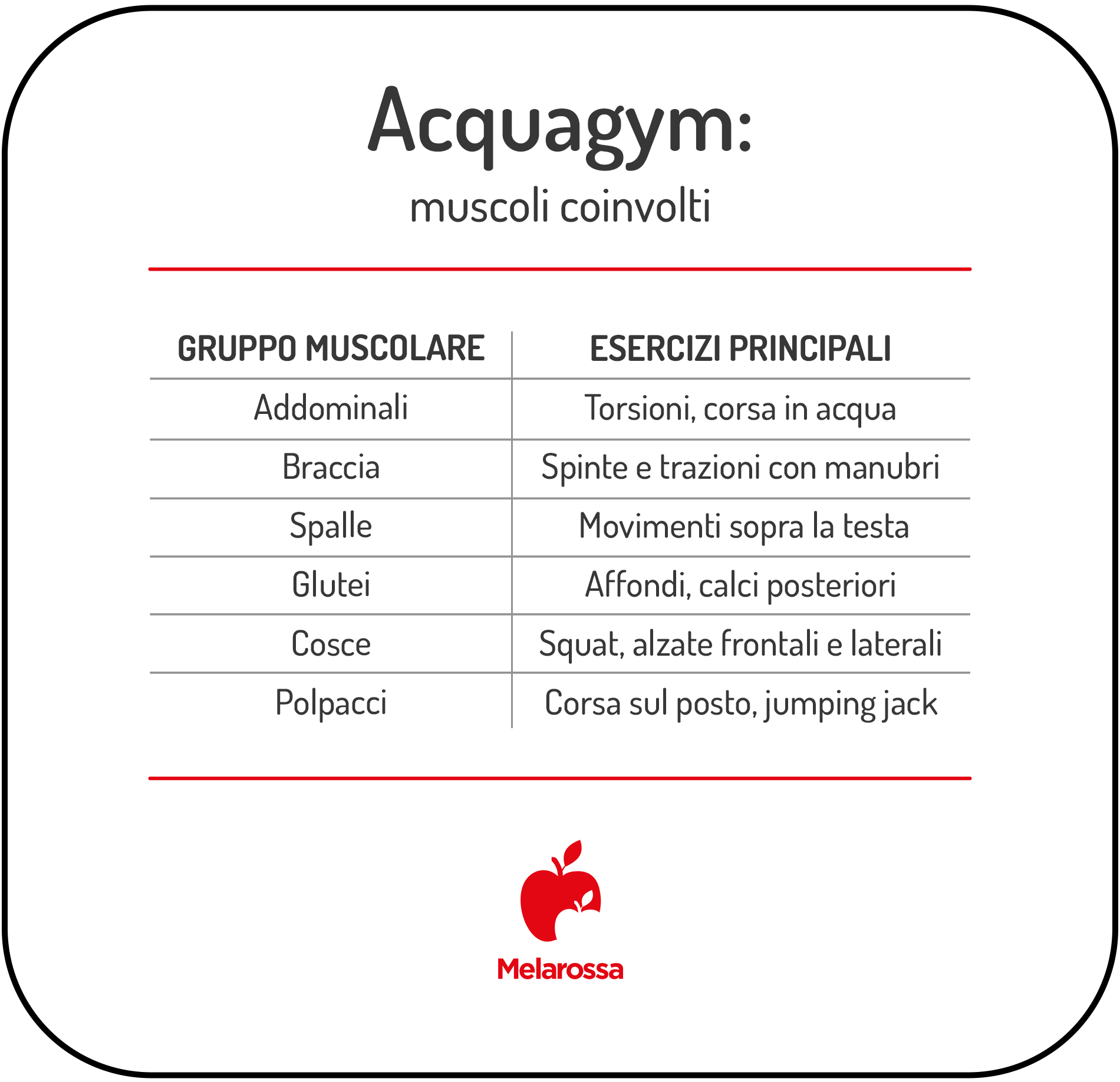 Acquagym: muscoli coinvolti, benefici e circuito aerobico per tonificarti 1 Infografica su acquagym e muscoli coinvolti, con esercizi per addominali, braccia, spalle, glutei, cosce e polpacci.