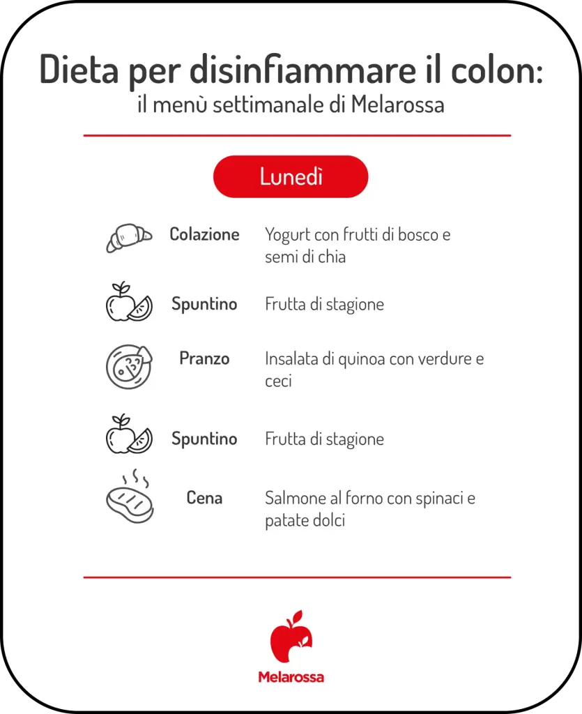 Dieta per colon irritabile, menu settimanale lunedì con yogurt, quinoa e salmone.