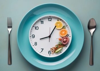 un orologio su un piatto come simbolo della dieta del digiuno intermittente 16:8