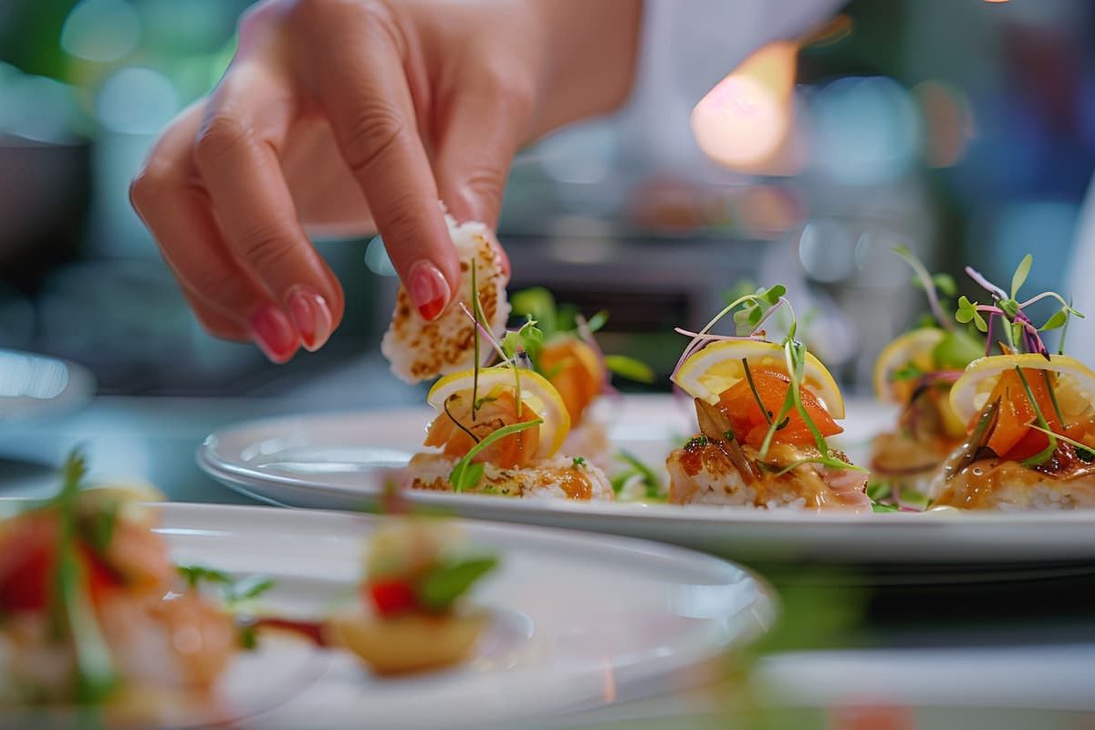le dita di una mano femminile afferrano dei finger food da un piatto bianco