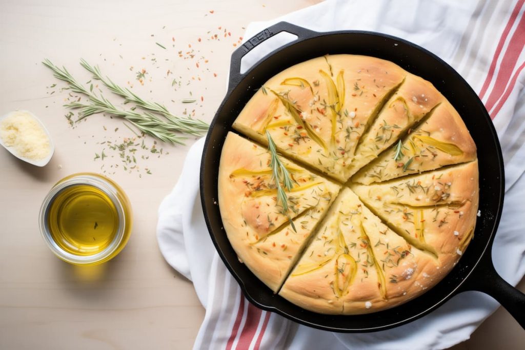 su tavolo beige, canovaccio bianco a righe rosse e sopra una focaccia in padella ; accanto rosmarino e una ciotola piccola con olio EVO