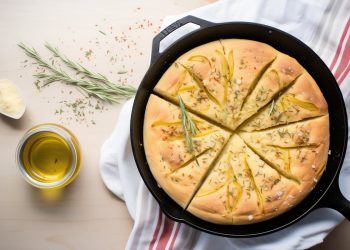 su tavolo beige, canovaccio bianco a righe rosse e sopra una focaccia in padella ; accanto rosmarino e una ciotola piccola con olio EVO