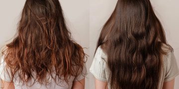 Foto prima e dopo di una donna di schiena con capelli crespi e a destra foto con capelli ordinati