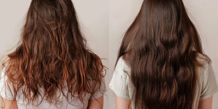 Foto prima e dopo di una donna di schiena con capelli crespi e a destra foto con capelli ordinati