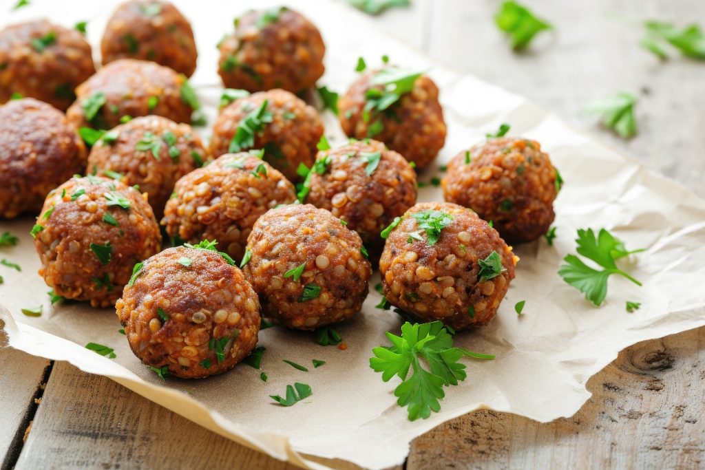 Polpette di lenticchie: un secondo piatto vegetariano 2 su tavolo primo piano di un vassoio con polpette di lenticchie e prezzemolo con sotto carta da forno